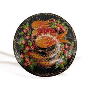 Russian Hand Painted Signed Black Lacquer Floral & Fire Bird Round Brooch Pin 2"
